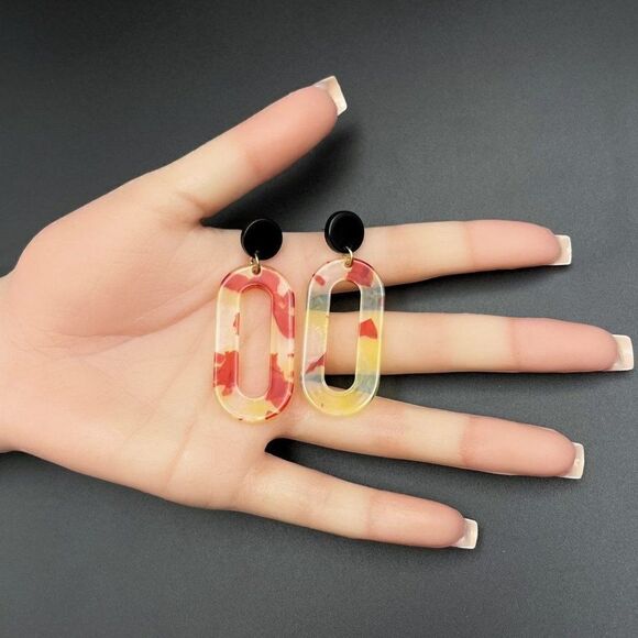 Black with Red and Yellow Marble Swirl Acrylic Open Oval Hoop Post Back Earrings - Picture 9 of 9